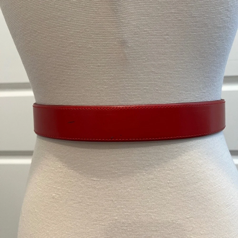 Red Patent Leather Belt with Gold Buckle - Women Accessories
